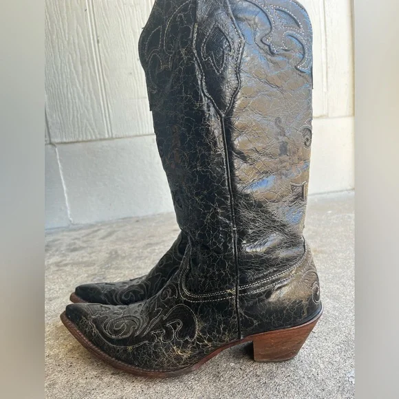 Corral Distressed Black Embroidered Heeled Boots - Picture 7 of 16